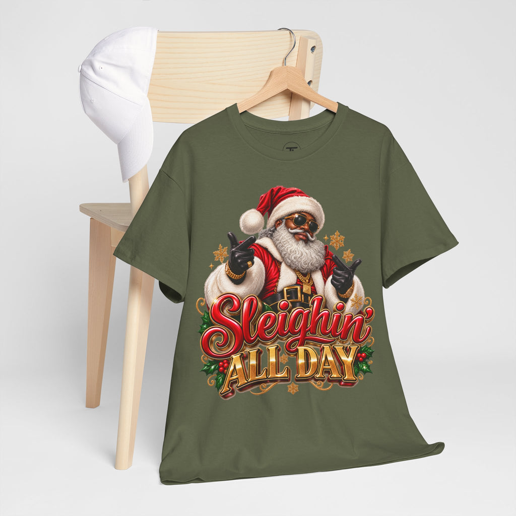 Sleighin’ All Day Santa Christmas T-Shirt | Funny Holiday Graphic Tee