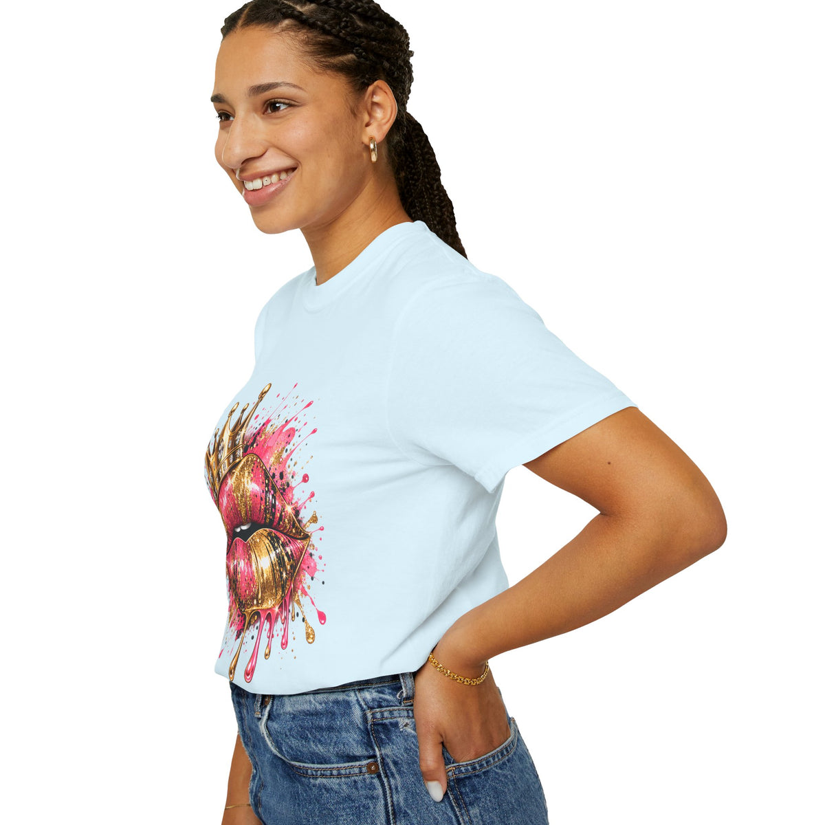Crowned Kiss Graphic T-Shirt Gold Crown Pink Lip Art Tee product mockup
