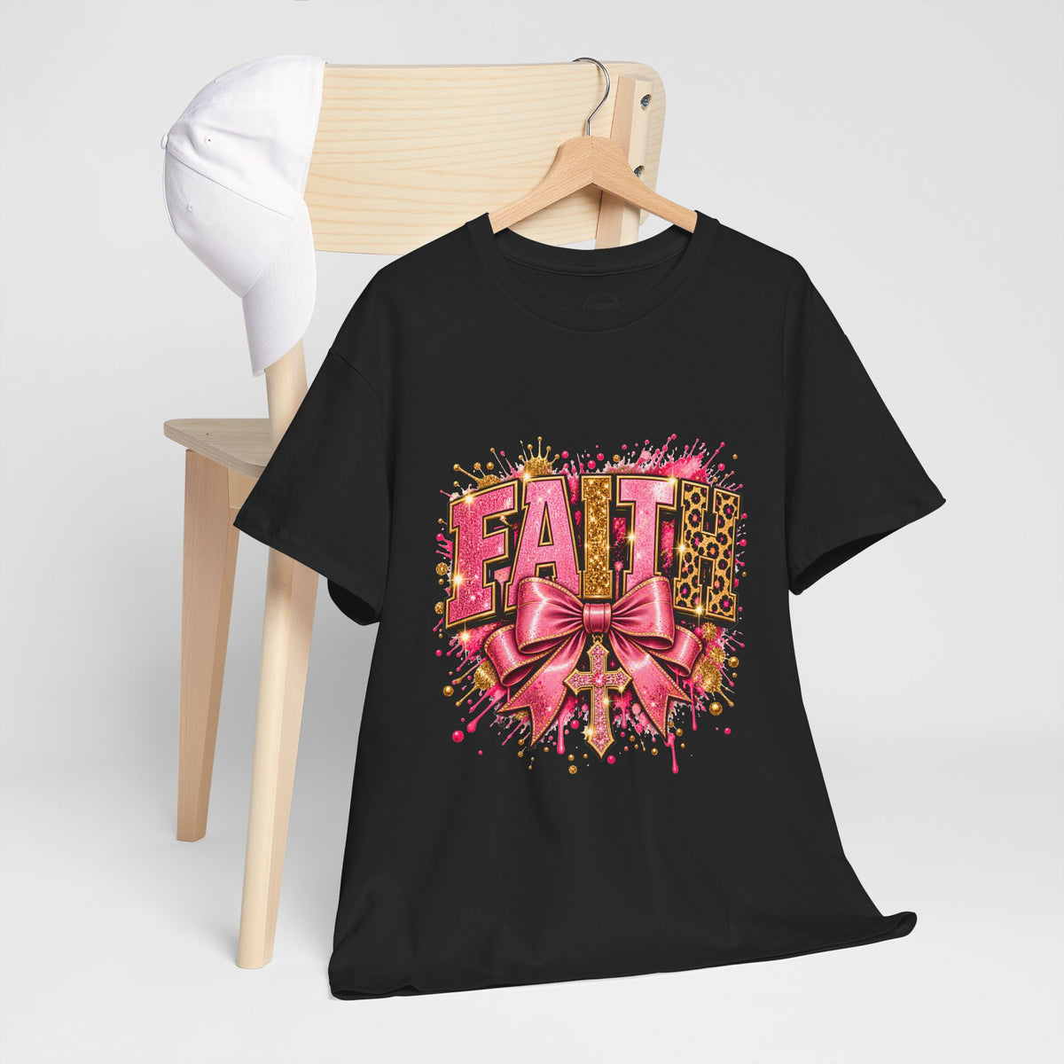 FAITH Leopard Bow T-Shirt Pink Faith Graphic Tee for Women & Girls product mockup