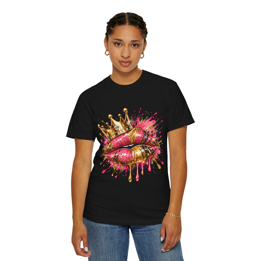 Crowned Kiss Graphic T-Shirt Gold Crown Pink Lip Art Tee product mockup