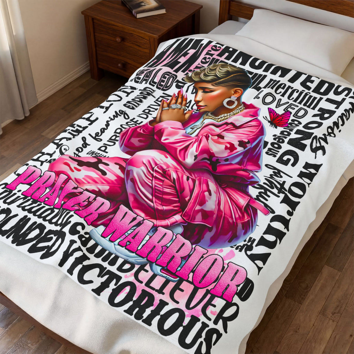 Prayer Warrior Christian faith blanket with pink praying woman — additional product image