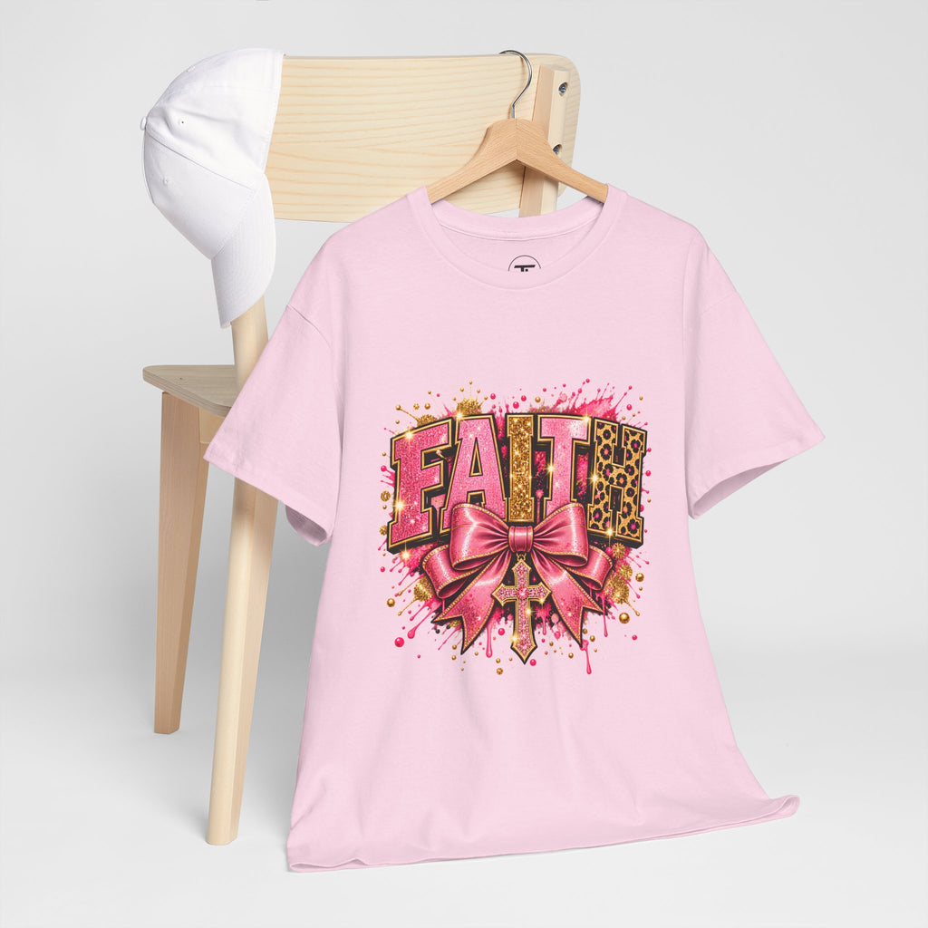 FAITH Leopard Bow T-Shirt Pink Faith Graphic Tee for Women & Girls product mockup