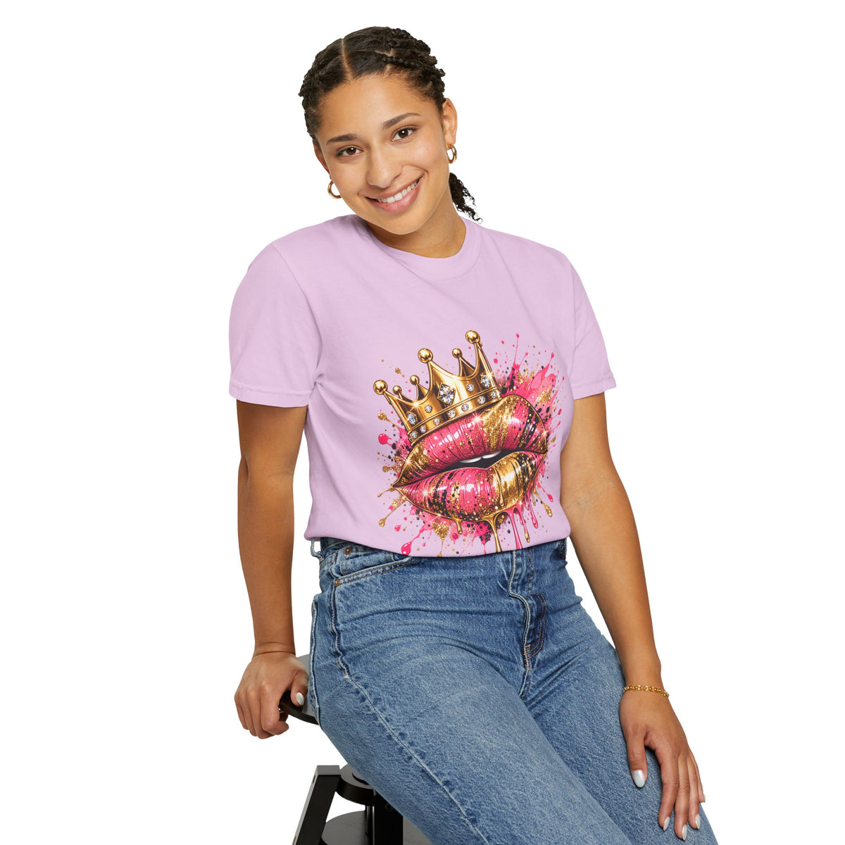 Crowned Kiss Graphic T-Shirt Gold Crown Pink Lip Art Tee product mockup