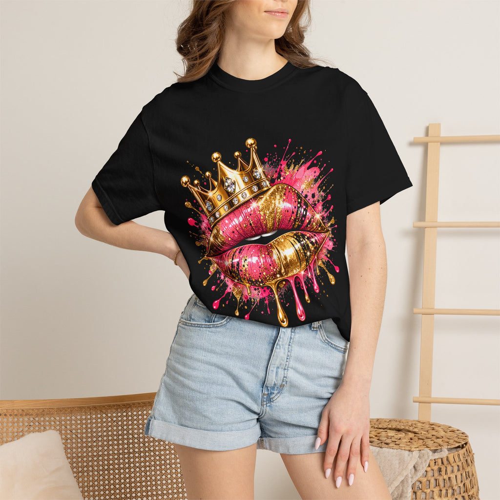 Crowned Kiss Graphic T-Shirt Gold Crown Pink Lip Art Tee product mockup