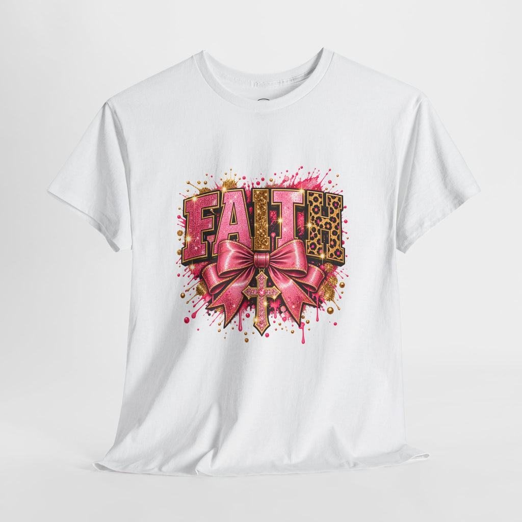 FAITH Leopard Bow T-Shirt Pink Faith Graphic Tee for Women & Girls product mockup