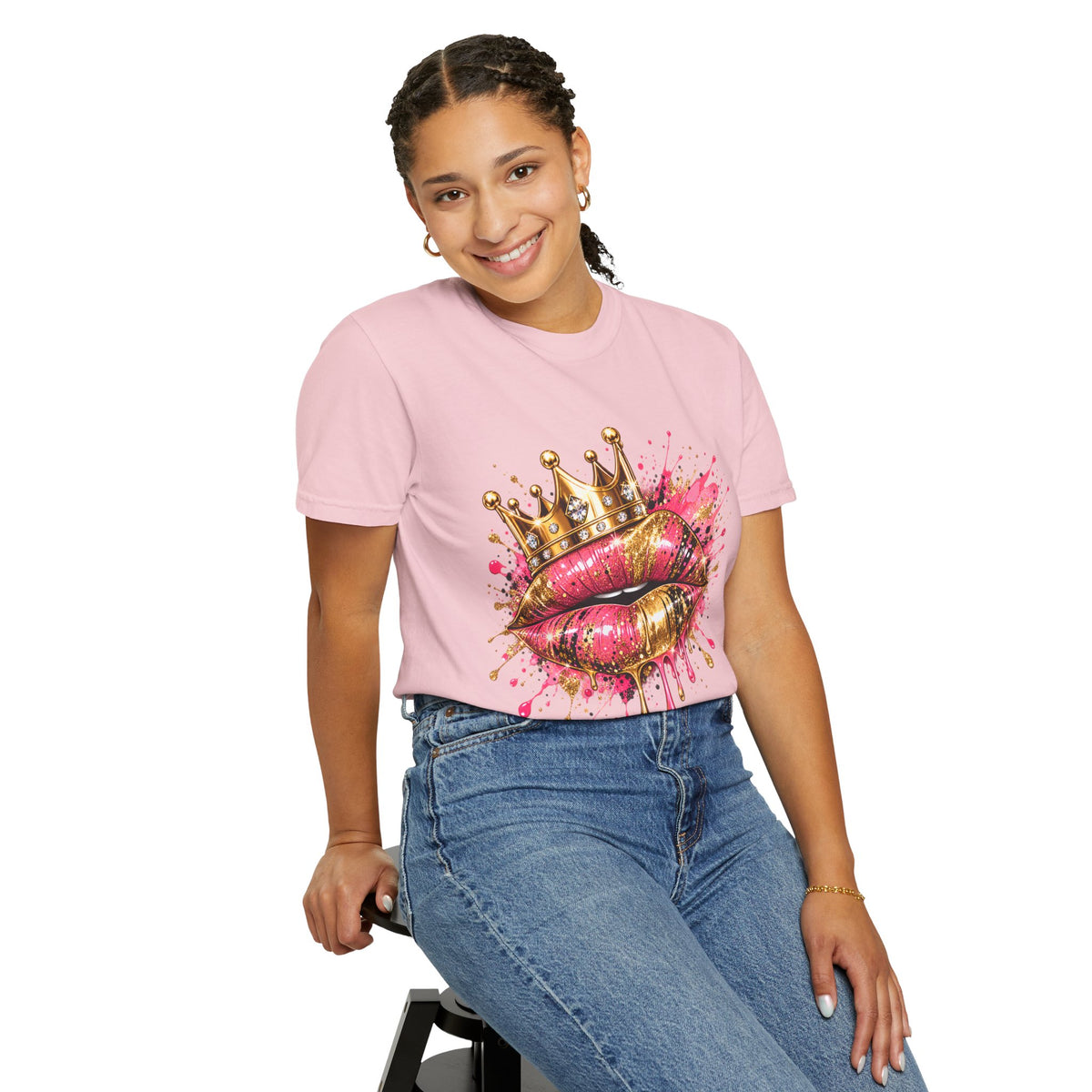 Crowned Kiss Graphic T-Shirt Gold Crown Pink Lip Art Tee product mockup