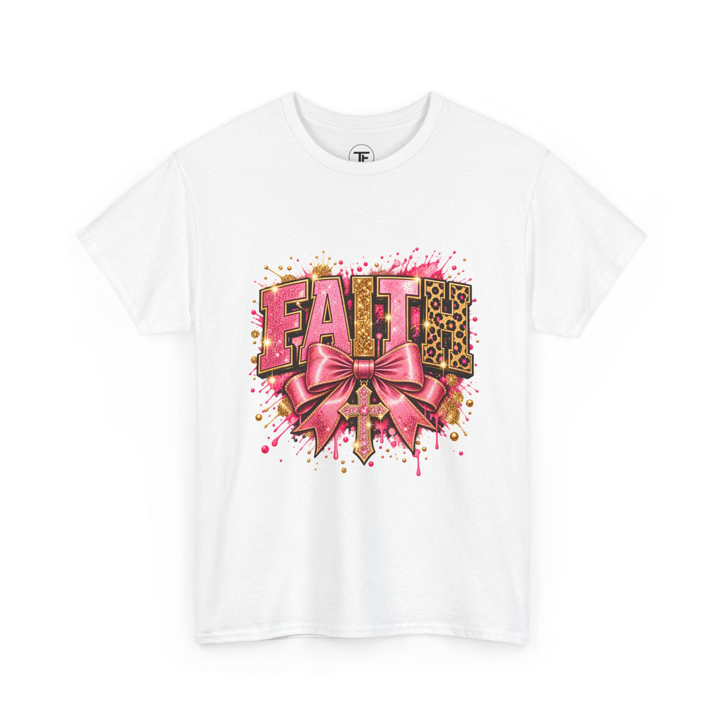 FAITH Leopard Bow T-Shirt Pink Faith Graphic Tee for Women & Girls product mockup