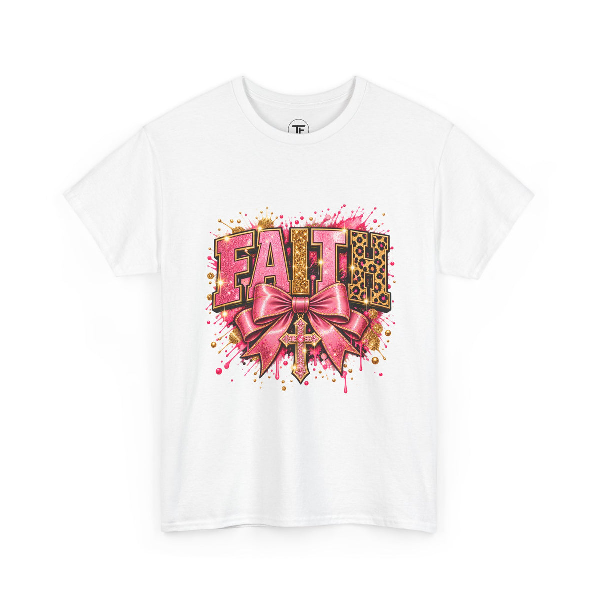 FAITH Leopard Bow T-Shirt Pink Faith Graphic Tee for Women & Girls product mockup