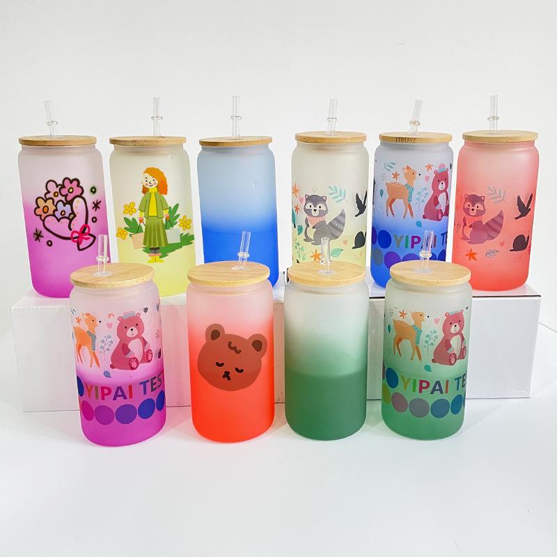 16-ounce ombre sublimation glass jar can with bamboo lid and straw — product view 12